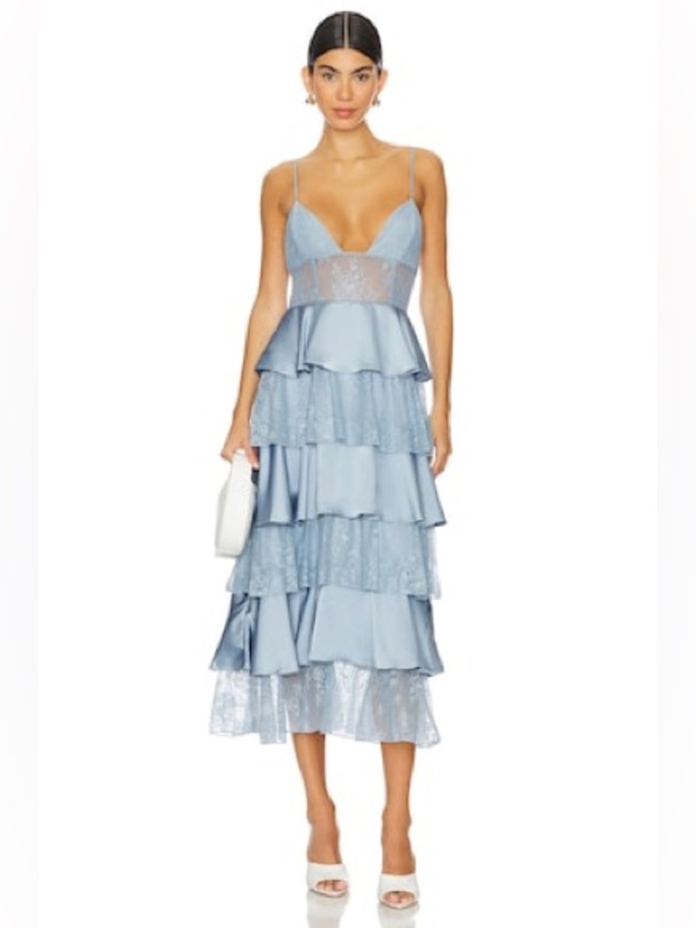 Weworewhat Tiered Lace Midi Dress in Storm